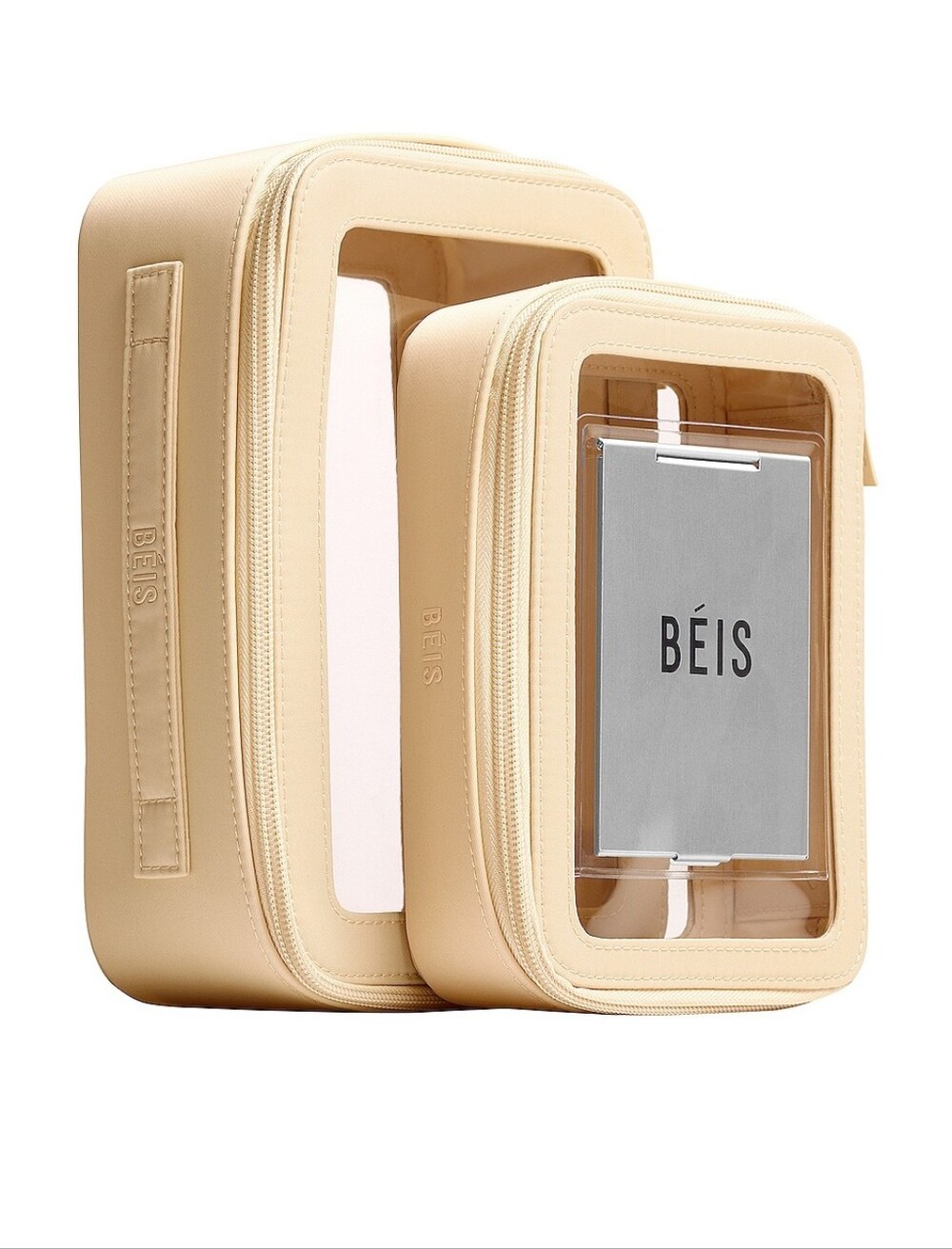 NWT BÉIS In-flight Cosmetic Case | Beige | Clear Window Travel Pouch | Set Of 2
